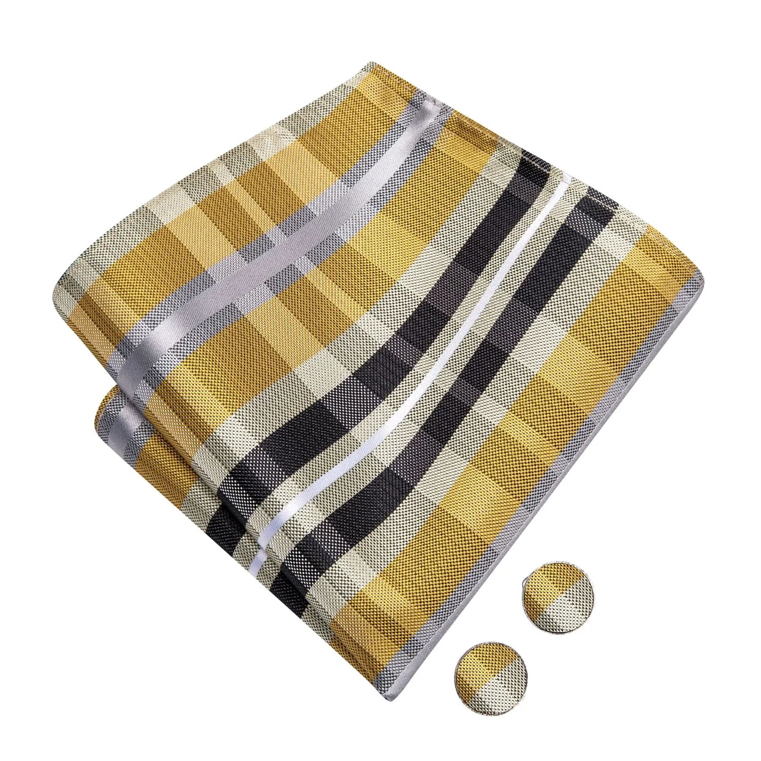 Hi-Tie Yellow Bowtie Black Grey Stripes Bow Tie Hanky Cufflinks Set