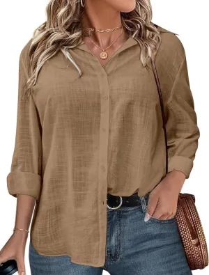 IN'VOLAND Womens Plus Size Button Down Shirt Linen Collared Shirt Long Sleeve Cotton Button Front Shirt Work Blouse Tops