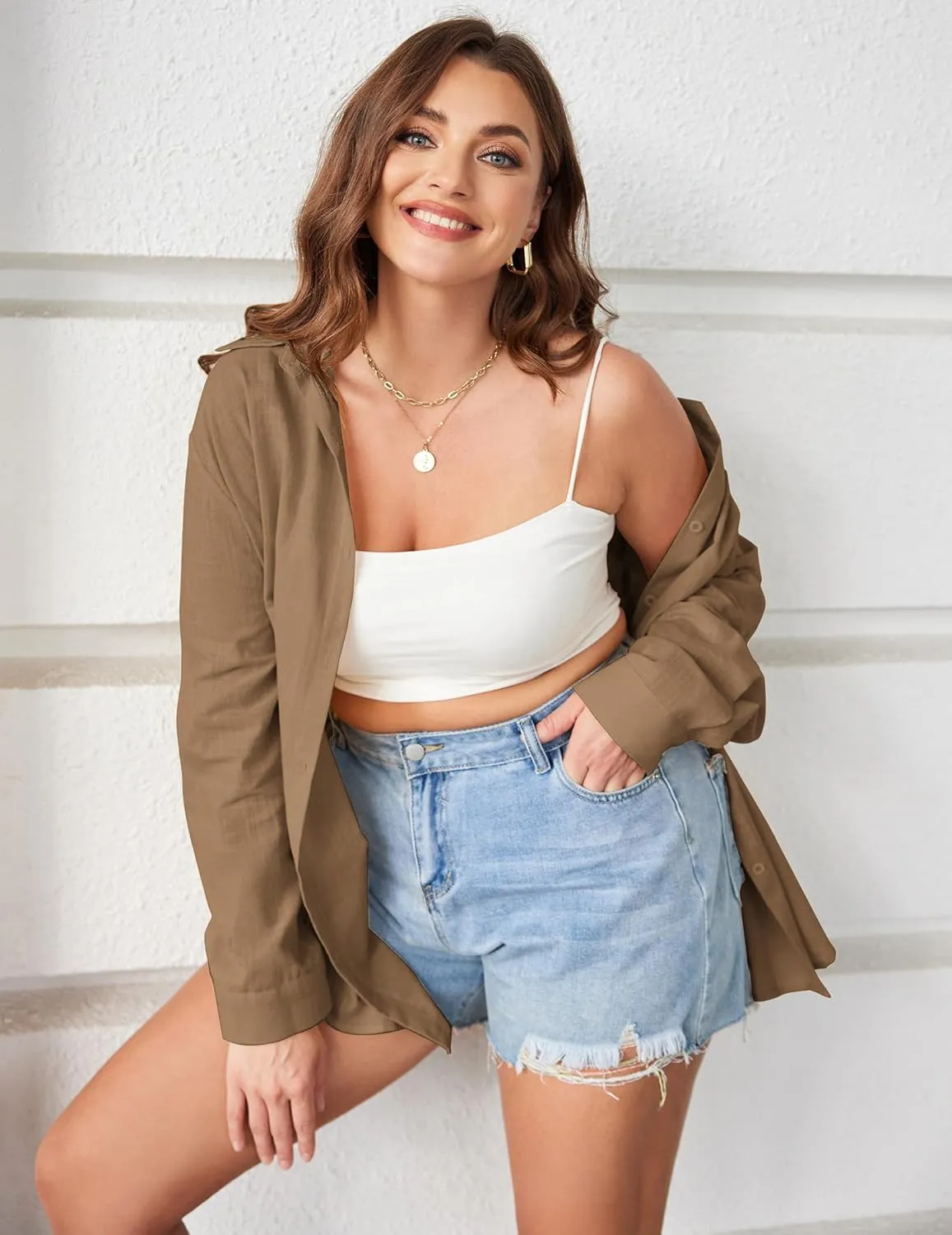 IN'VOLAND Womens Plus Size Button Down Shirt Linen Collared Shirt Long Sleeve Cotton Button Front Shirt Work Blouse Tops