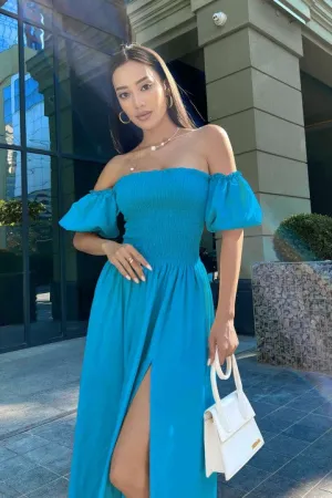 Light Blue Dress For Lady, Elegant Dress With Elasticated Bodice