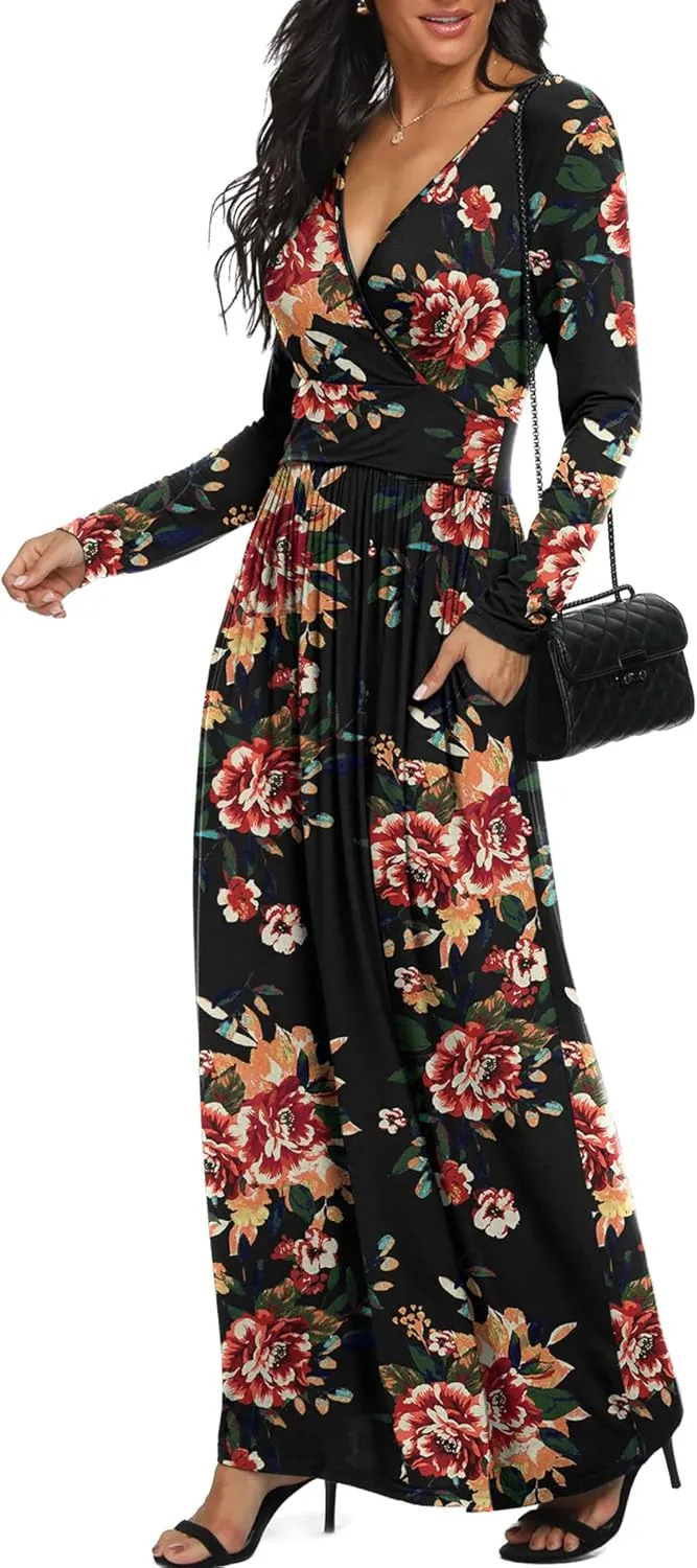 LILBETTER Women Long Sleeve Deep V Neck Loose Plain Long Maxi Casual Dress
