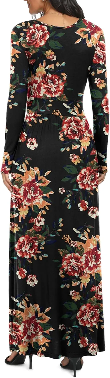 LILBETTER Women Long Sleeve Deep V Neck Loose Plain Long Maxi Casual Dress