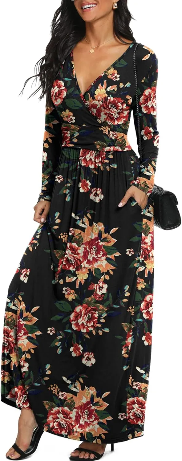 LILBETTER Women Long Sleeve Deep V Neck Loose Plain Long Maxi Casual Dress
