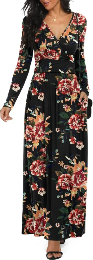 LILBETTER Women Long Sleeve Deep V Neck Loose Plain Long Maxi Casual Dress