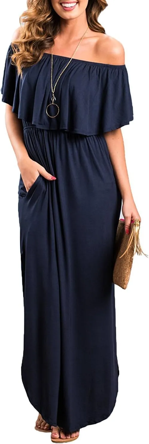 LILBETTER Womens Off The Shoulder Ruffle Party Dresses Side Split Beach Maxi Dress
