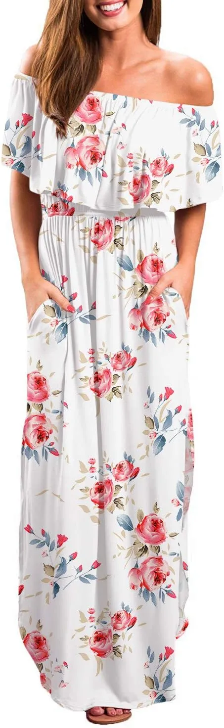 LILBETTER Womens Off The Shoulder Ruffle Party Dresses Side Split Beach Maxi Dress