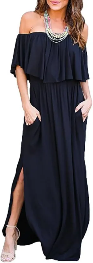 LILBETTER Womens Off The Shoulder Ruffle Party Dresses Side Split Beach Maxi Dress