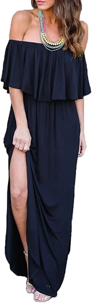 LILBETTER Womens Off The Shoulder Ruffle Party Dresses Side Split Beach Maxi Dress