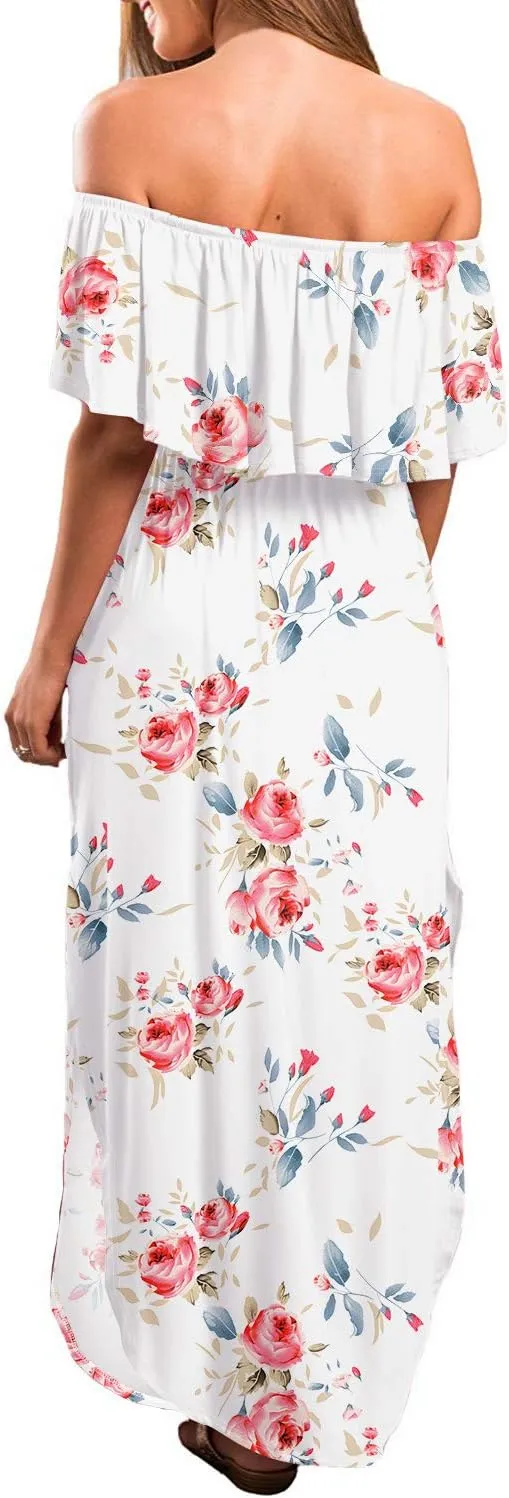 LILBETTER Womens Off The Shoulder Ruffle Party Dresses Side Split Beach Maxi Dress