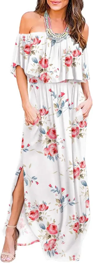 LILBETTER Womens Off The Shoulder Ruffle Party Dresses Side Split Beach Maxi Dress