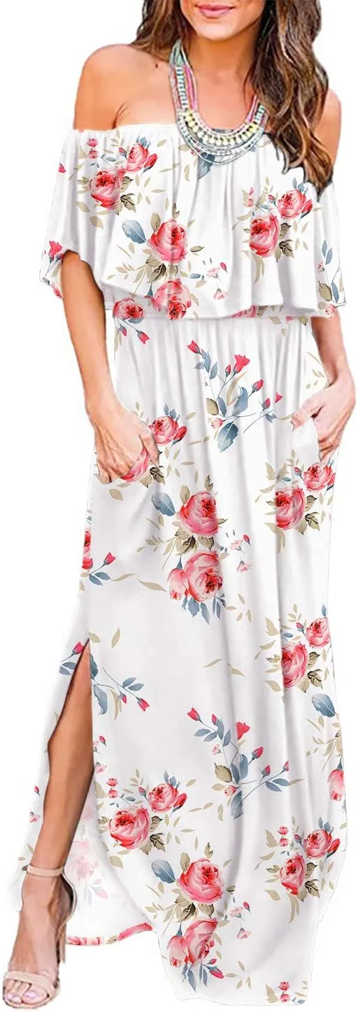 LILBETTER Womens Off The Shoulder Ruffle Party Dresses Side Split Beach Maxi Dress