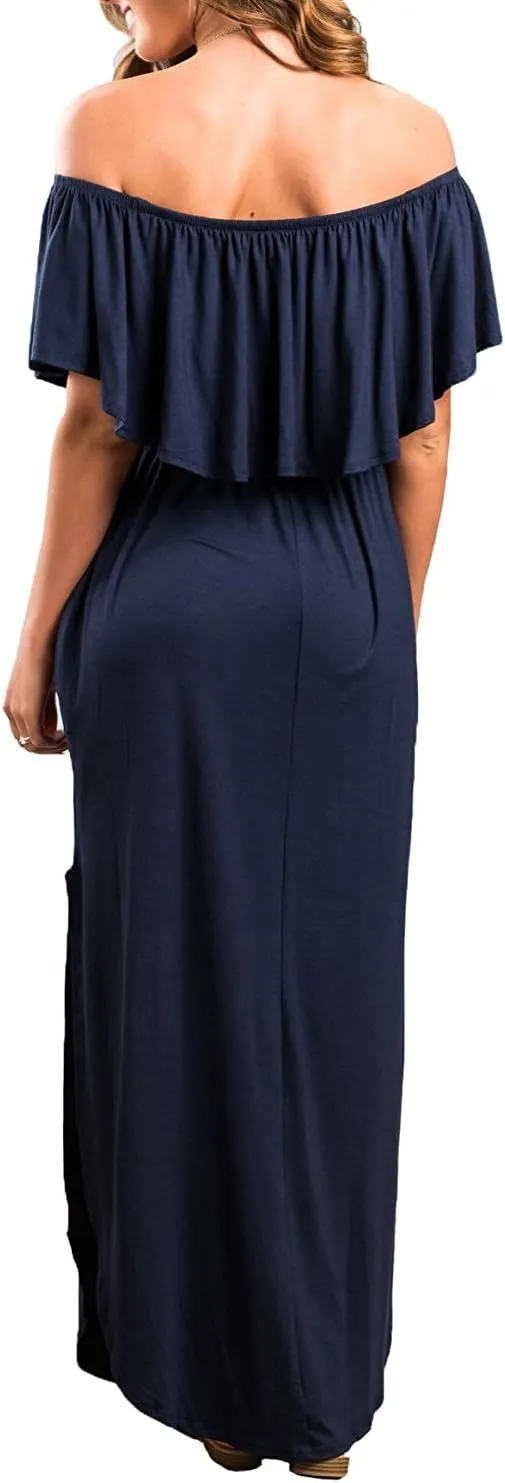 LILBETTER Womens Off The Shoulder Ruffle Party Dresses Side Split Beach Maxi Dress