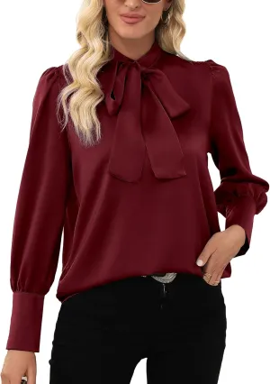 LYANER Women's Elegant Bow Tie Mock Neck Bow Knot Long Sleeve Work Office Satin Blouse Silk Shirt Top