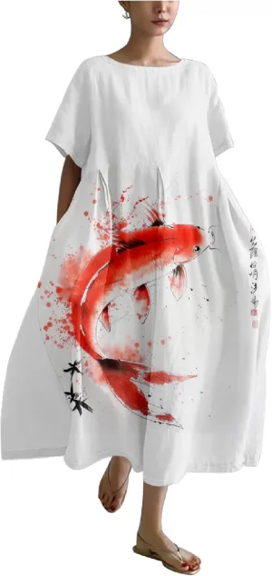 MARSVOVO Japanese Art Dress for Women Vintage Fish Print Short Sleeve Loose Causal Plus Size Summer Dress for Women