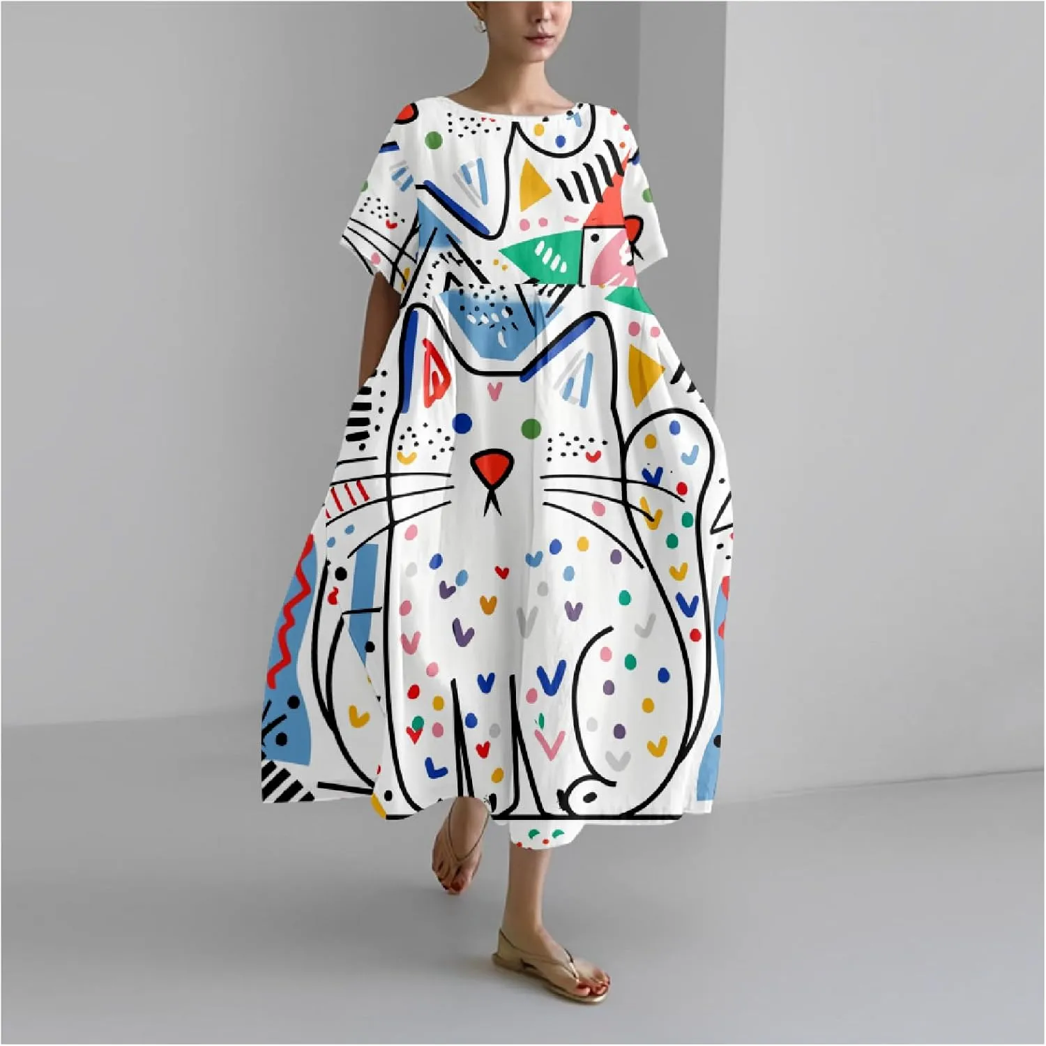 MARSVOVO Summer Dress for Women Funny Cat Graphic Cute Short Sleeve Maxi Dress Causal Plus Size Party Dress for Women