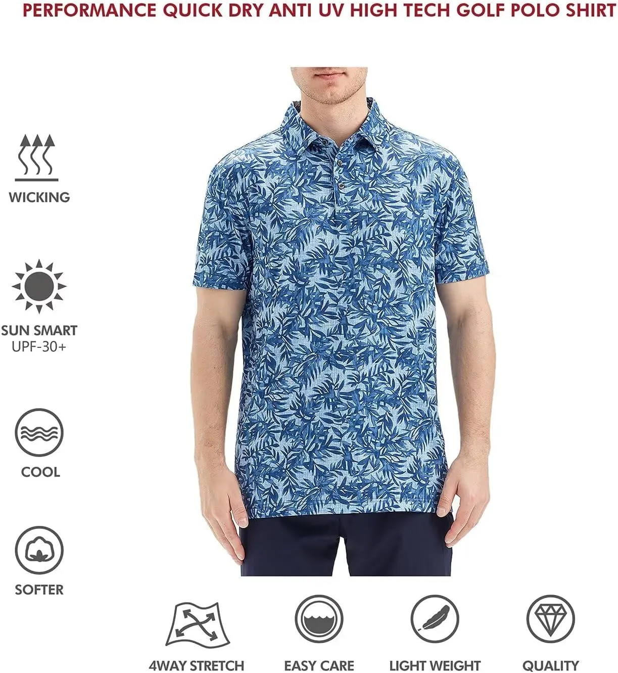Mens Golf Shirts Short Sleeve Moisture Wicking Dry Fit Print Performance Athletic Casual Golf Polo Shirts for Men