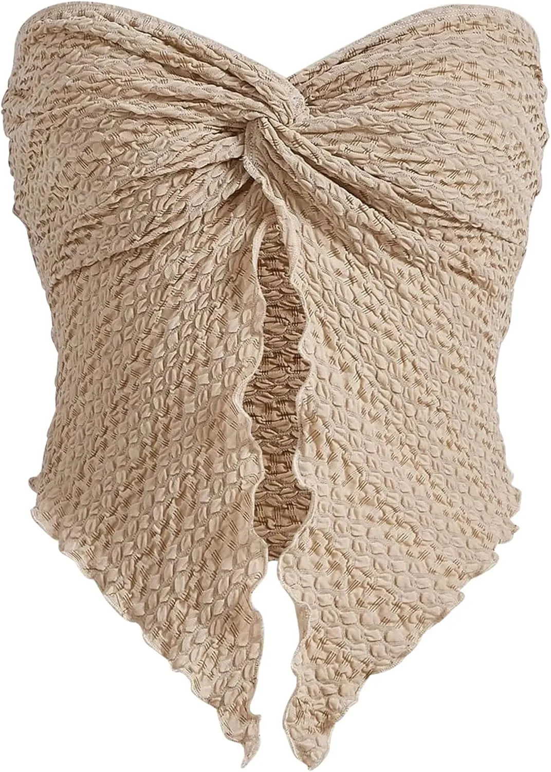 MISSACTIVER Women Twist Knot Front Texture Bandeau Top Sexy Strapless Sleeveless Split Hem Lettuce Trim Tube Crop Top Corset