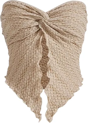 MISSACTIVER Women Twist Knot Front Texture Bandeau Top Sexy Strapless Sleeveless Split Hem Lettuce Trim Tube Crop Top Corset