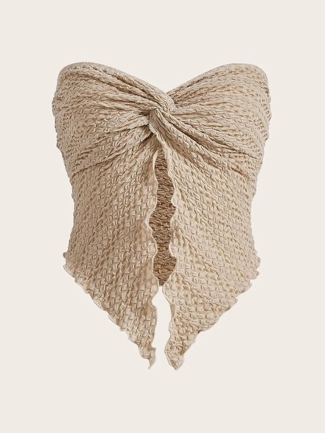 MISSACTIVER Women Twist Knot Front Texture Bandeau Top Sexy Strapless Sleeveless Split Hem Lettuce Trim Tube Crop Top Corset