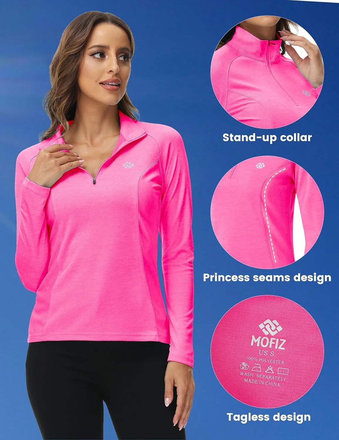 MoFiz Women's Long Sleeve Golf Polo Shirt 1/4 Zip UPF 50  Sun Protection Quick Dry Workout Hiking Athletic Shirts