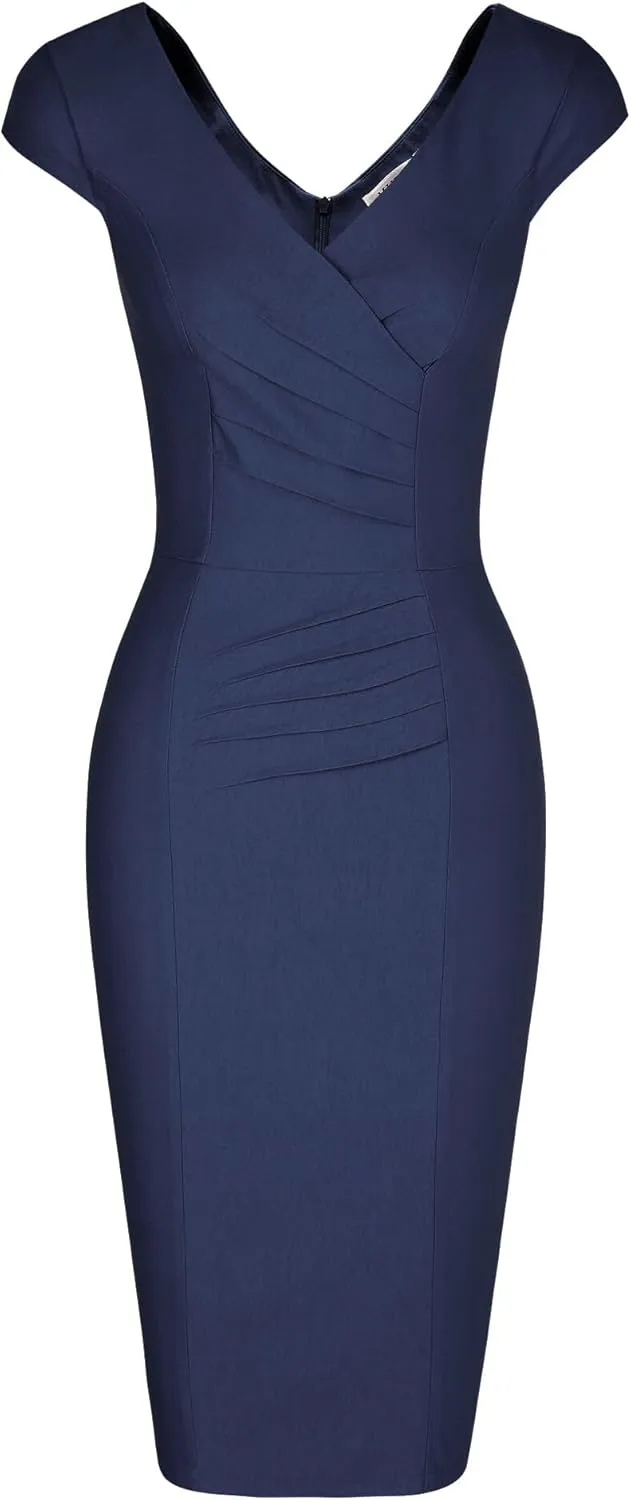 MUXXN Women's 1950's Vintage V Neck Ruched Sheath Formal Pencil Dress