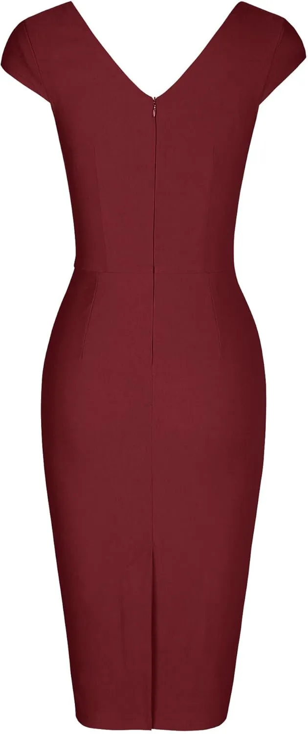 MUXXN Women's 1950's Vintage V Neck Ruched Sheath Formal Pencil Dress