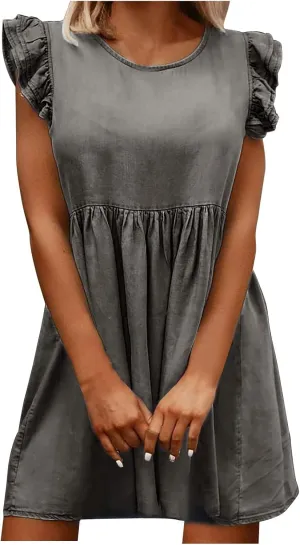 NaRHbrg Summer Denim Shirt Dresses for Womens Short Sleeve Loose Jean Midi Dress Button Down Casual Shift Dress Tunic Top