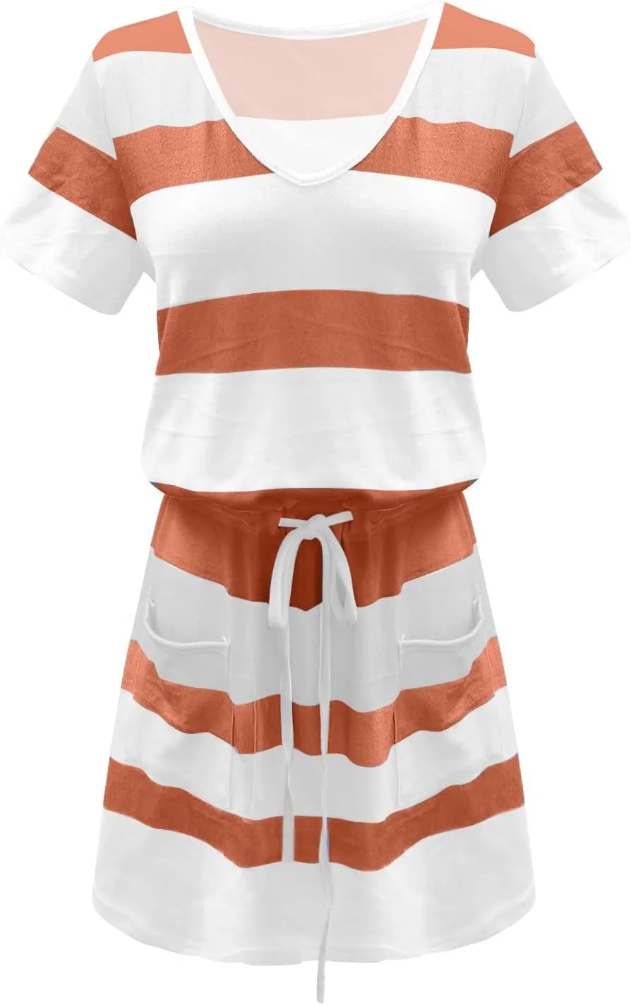NaRHbrg Womens Summer Casual Midi Dresses Striped Short Sleeve Tshirt Dresses V Neck Drawstring Knee Length Dress with Pocket