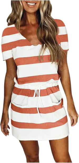 NaRHbrg Womens Summer Casual Midi Dresses Striped Short Sleeve Tshirt Dresses V Neck Drawstring Knee Length Dress with Pocket