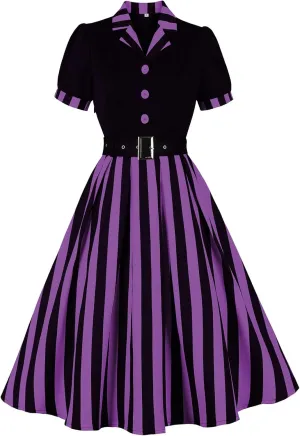 ODIZLI Women's 1950s Retro Dress Short Sleeve Notched Lapel Polka Dot Stripe Swing Dress with Belt Cocktail Dress