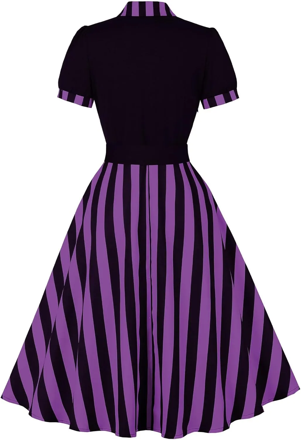 ODIZLI Women's 1950s Retro Dress Short Sleeve Notched Lapel Polka Dot Stripe Swing Dress with Belt Cocktail Dress