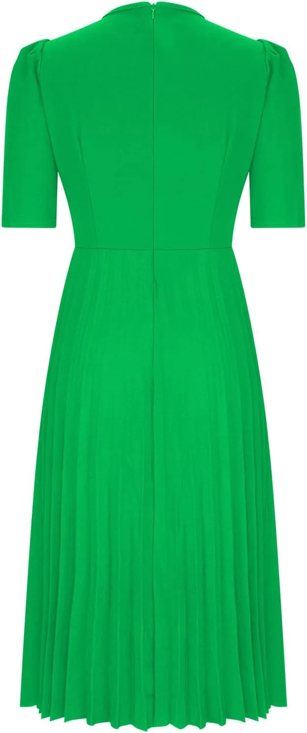 Oplxuo Women's Pleated Midi Dresses Puff Sleeve Crew Neck Solid Color A-Line Swing Formal Dress Fall Wedding Guest Dress