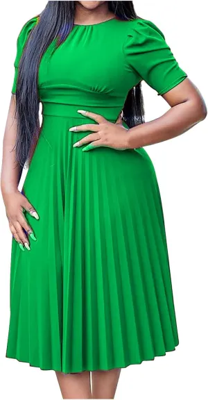 Oplxuo Women's Pleated Midi Dresses Puff Sleeve Crew Neck Solid Color A-Line Swing Formal Dress Fall Wedding Guest Dress
