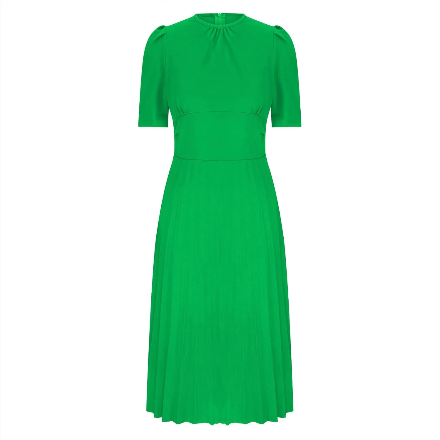 Oplxuo Women's Pleated Midi Dresses Puff Sleeve Crew Neck Solid Color A-Line Swing Formal Dress Fall Wedding Guest Dress