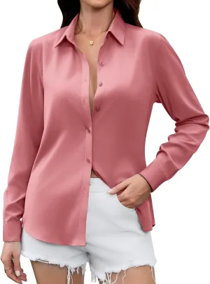 Premium Soft Breathable Satin Silk Button Down Shirts for Women Long Sleeve Blouses Work Dress Casual Tops