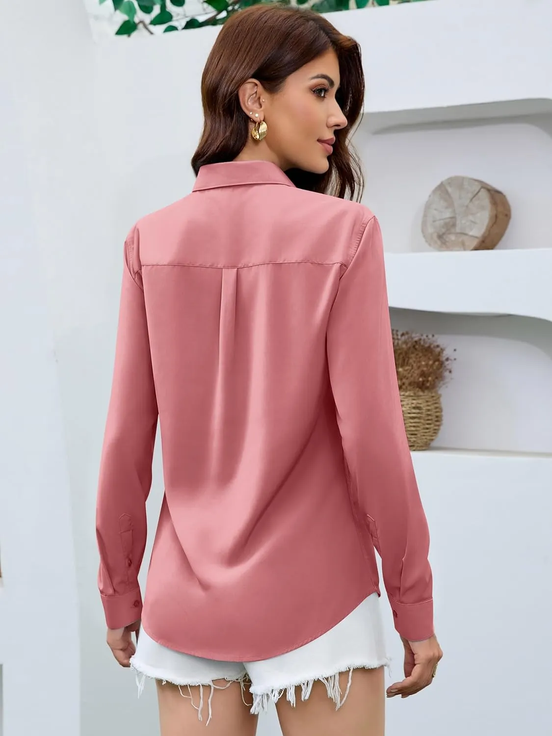 Premium Soft Breathable Satin Silk Button Down Shirts for Women Long Sleeve Blouses Work Dress Casual Tops