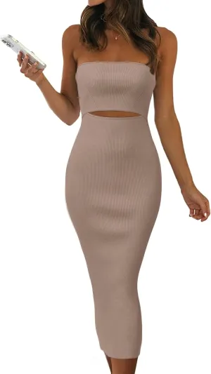 PRETTYGARDEN Women's Summer Midi Bodycon Dress Strapless Cut Out Knit Tube Long Fitted Dresses