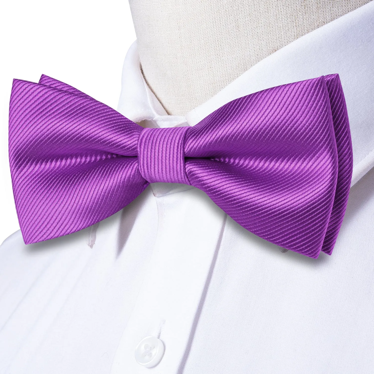 Purple Striped Pre-tied Bow Tie Hanky Cufflinks Set