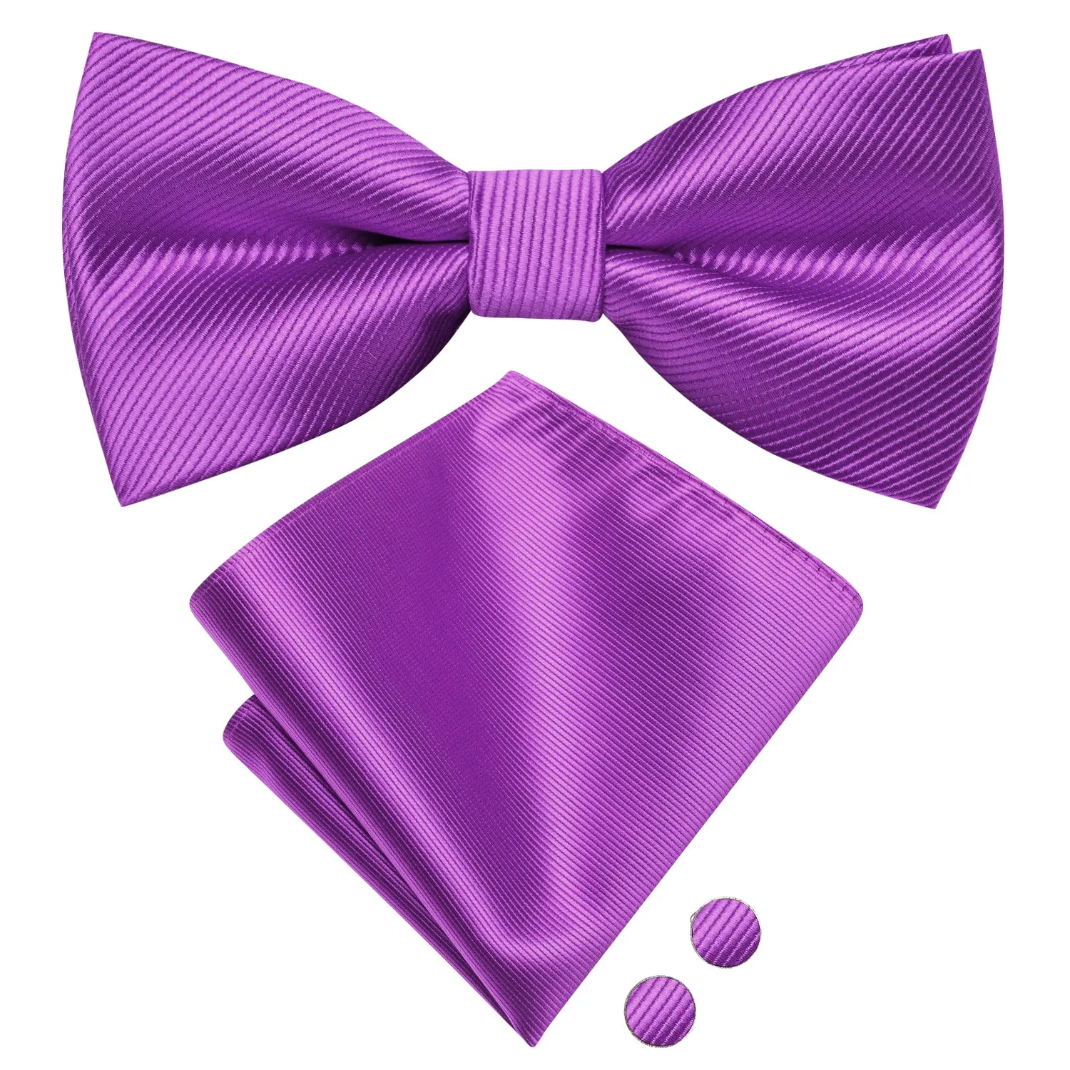 Purple Striped Pre-tied Bow Tie Hanky Cufflinks Set