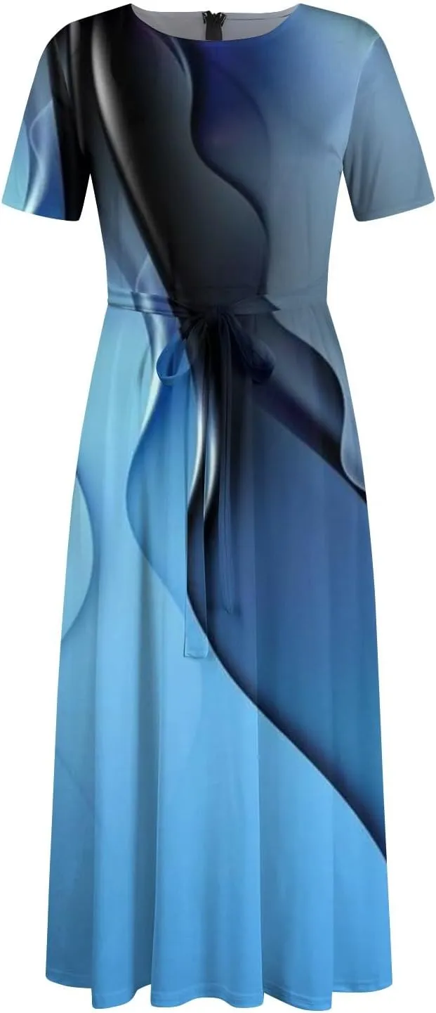 Summer Dresses for Women Beach Aline Midi Dresses Casual Flowy Tshirt Dress Floral Short Sleeve Dress with Pockets