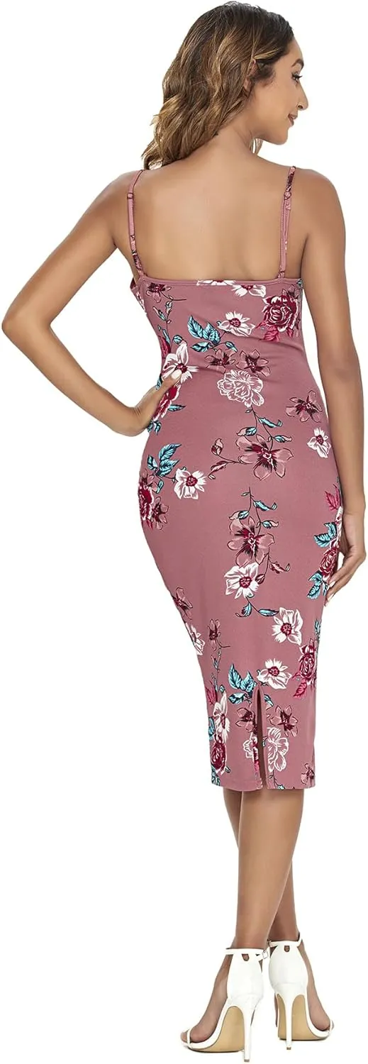 SweatyRocks Women's Floral Print Split Bodycon Dress Cami Midi Dress