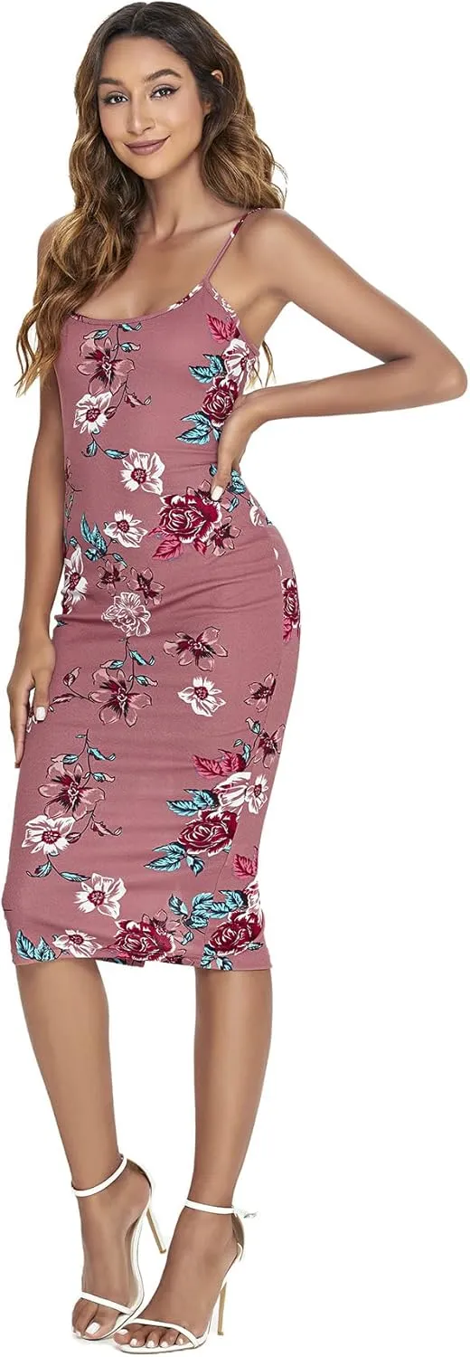 SweatyRocks Women's Floral Print Split Bodycon Dress Cami Midi Dress
