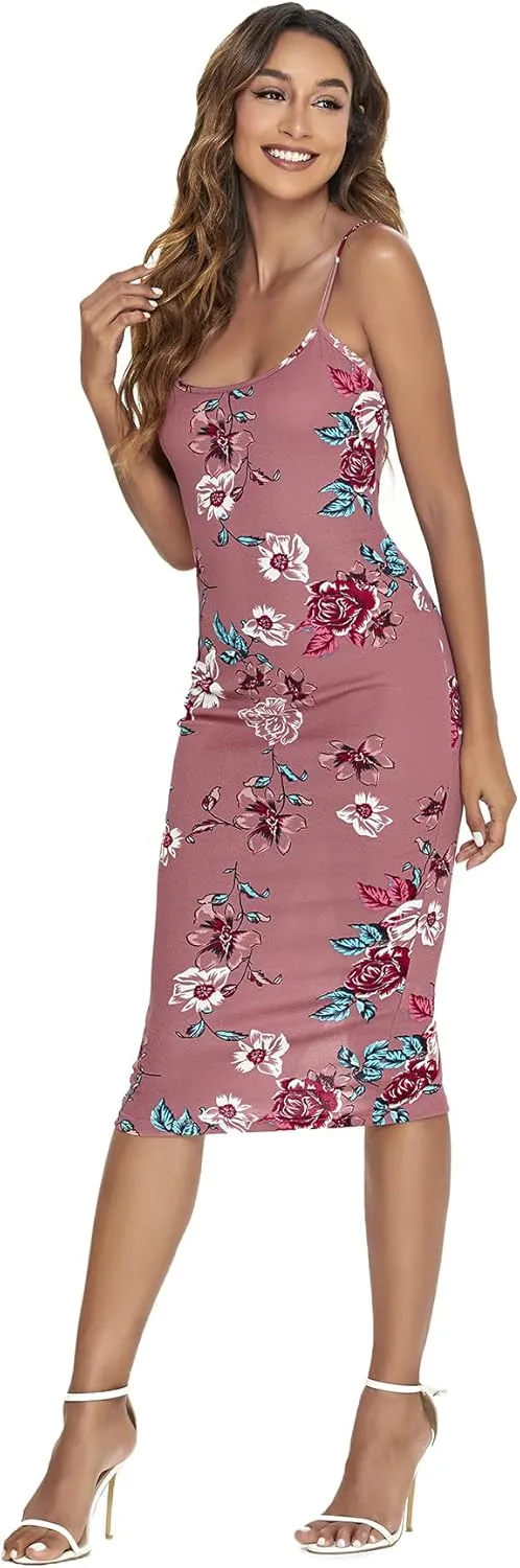 SweatyRocks Women's Floral Print Split Bodycon Dress Cami Midi Dress