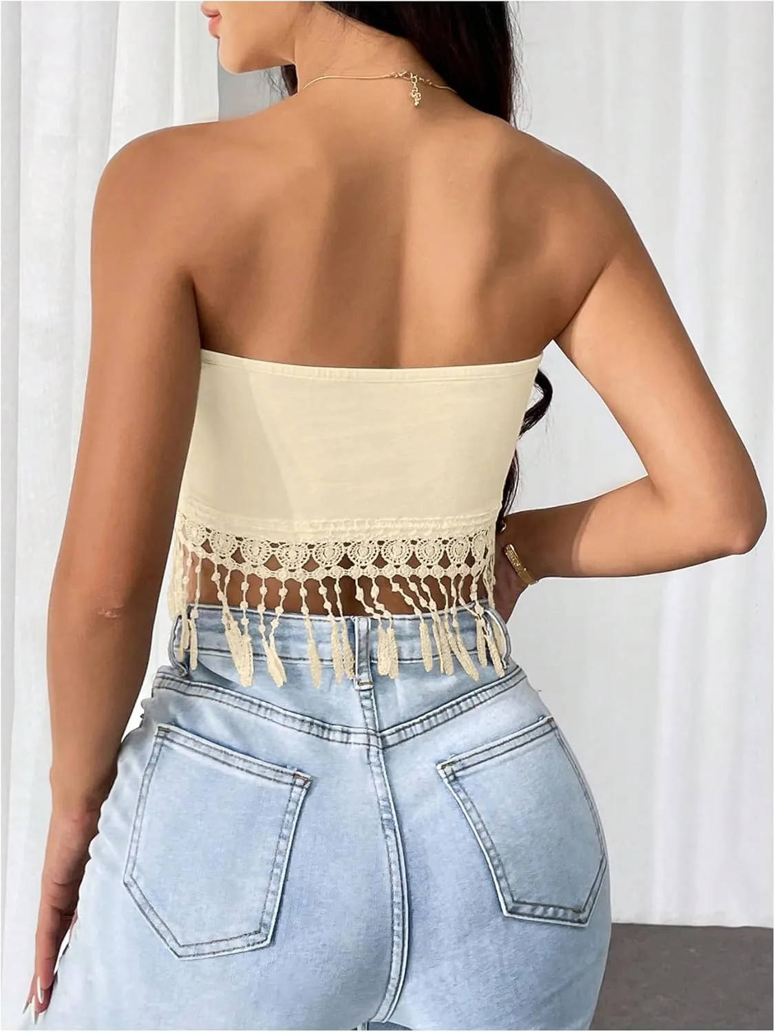 SweatyRocks Women's Fringe Crop Tube Top Ruched Tassel Strapless Sleeveless Bandeau Tops