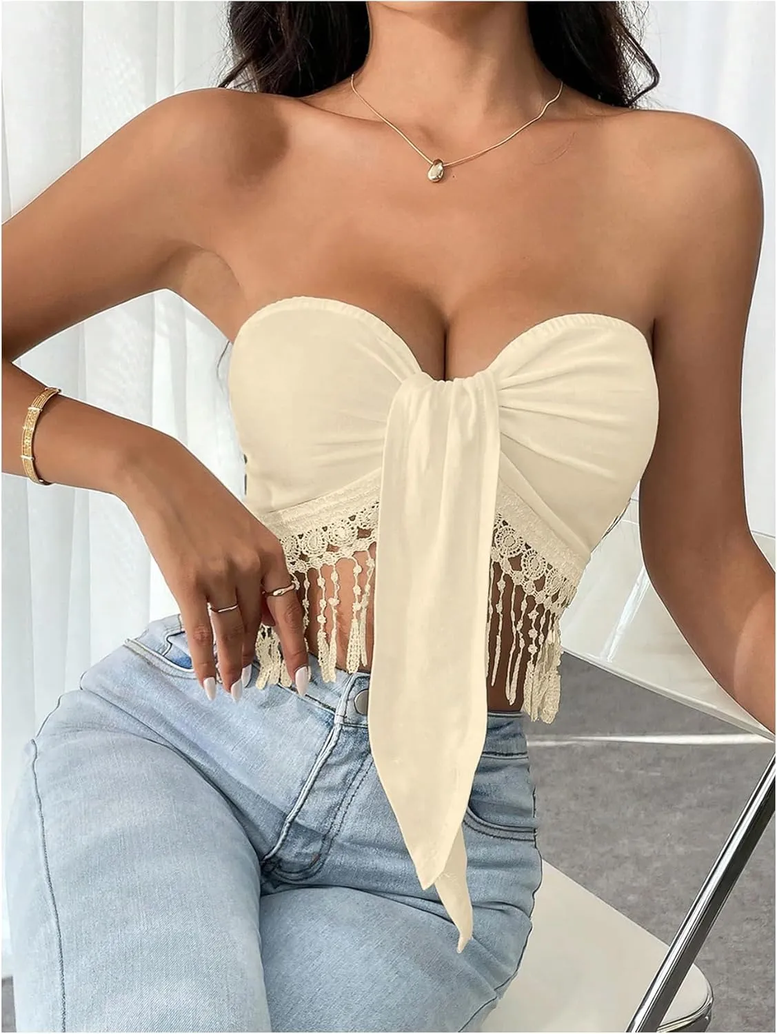 SweatyRocks Women's Fringe Crop Tube Top Ruched Tassel Strapless Sleeveless Bandeau Tops