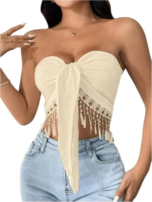 SweatyRocks Women's Fringe Crop Tube Top Ruched Tassel Strapless Sleeveless Bandeau Tops