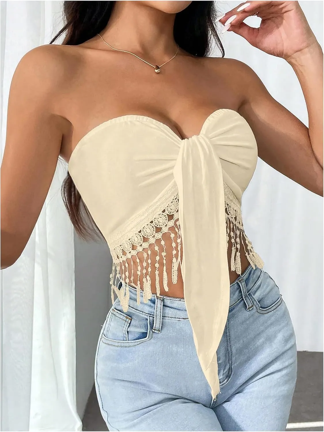 SweatyRocks Women's Fringe Crop Tube Top Ruched Tassel Strapless Sleeveless Bandeau Tops