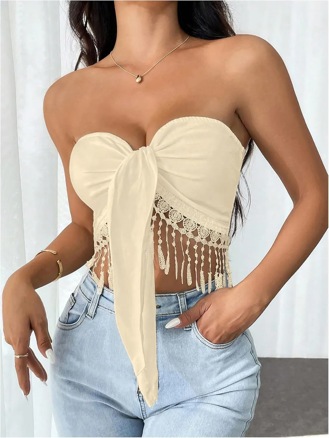 SweatyRocks Women's Fringe Crop Tube Top Ruched Tassel Strapless Sleeveless Bandeau Tops