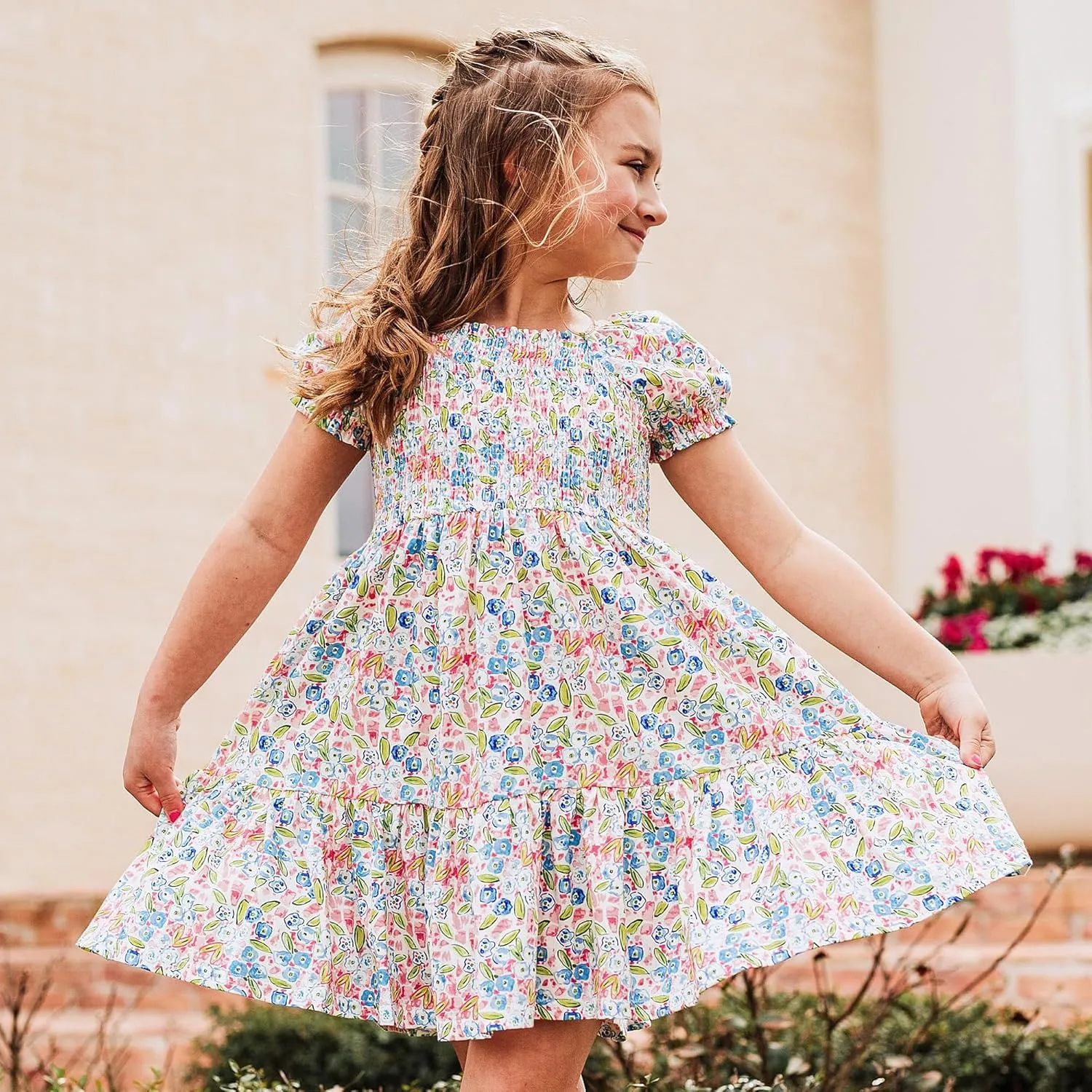 Toddler Baby Girls Summer Floral Dress Kids Puff Sleeve Square Neck Smocked Flowy Sun Dresses 2-8 Years
