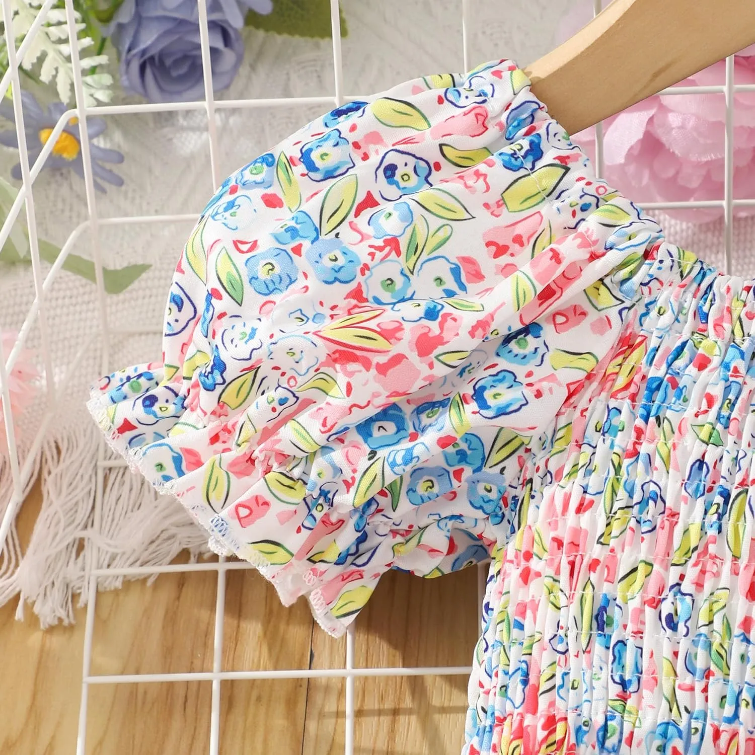 Toddler Baby Girls Summer Floral Dress Kids Puff Sleeve Square Neck Smocked Flowy Sun Dresses 2-8 Years